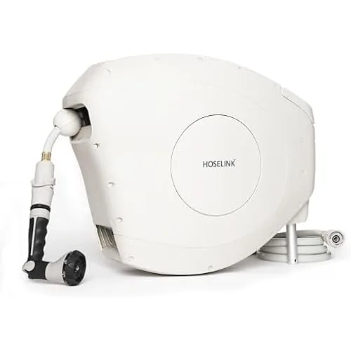 HOSELINK Automatic Retractable Garden Hose Reel – 82ft with 9-Function Spray Gun